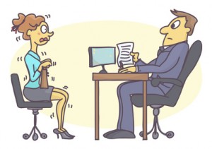 Young woman numbed with fear at job interview. Funny vector cartoon with intern girl scared of talking to personnel manager.